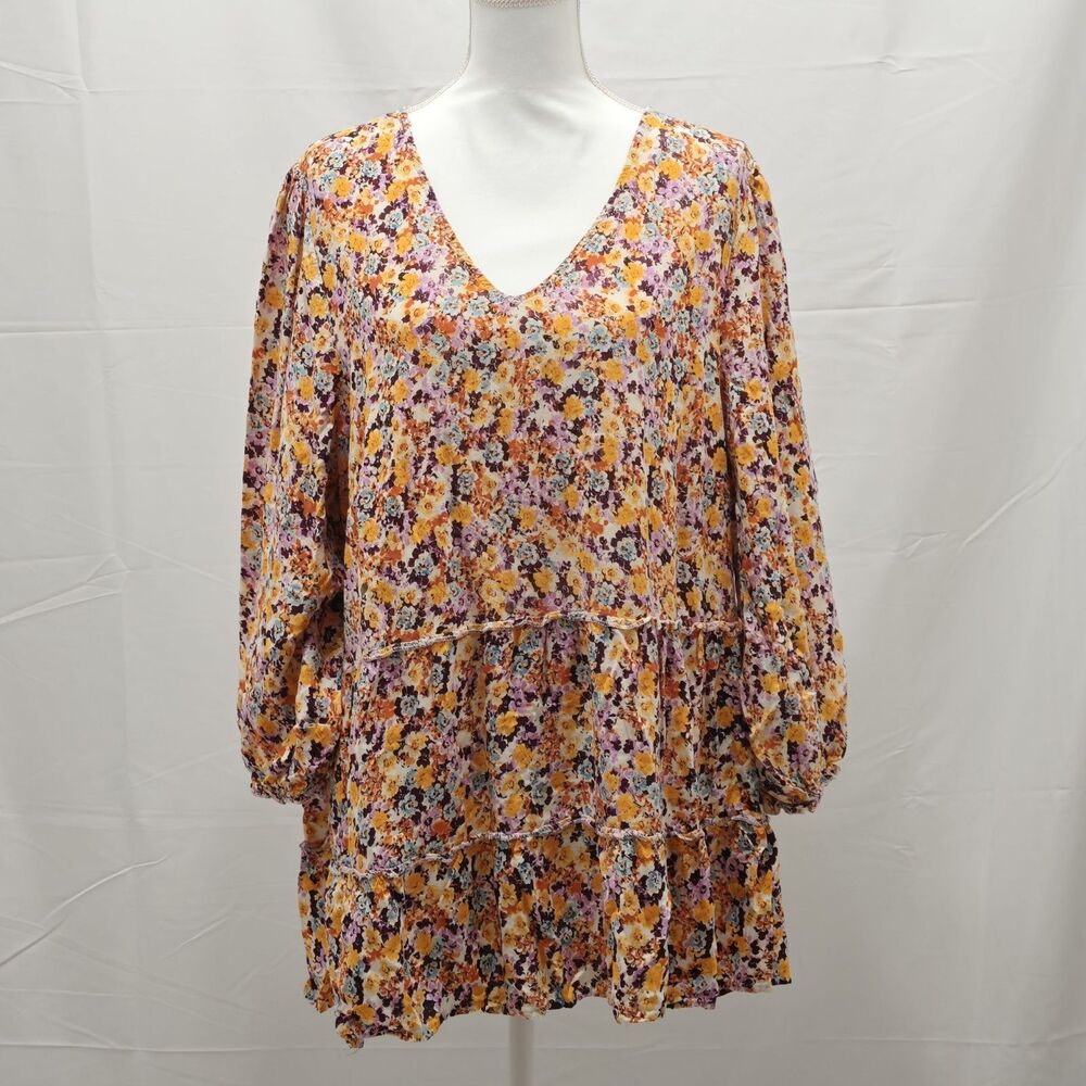 Cato Womens 22/24W Multicolor Floral Rayon V Neck Tiered Ruffle Boho Tunic Shirt